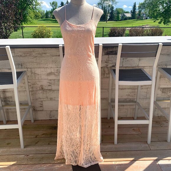 Vintage Hand Sewn Peach Sheer Lace Maxi Dress Long Gown - Picture 1 of 16
